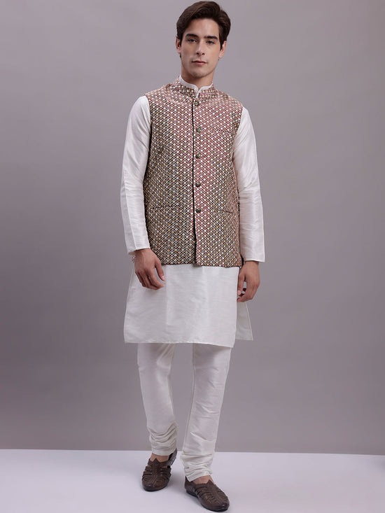 Men's Peach Woven Design Nehru Jacket With Solid Kurta Pyjama.-JOKPWC-636W-4081Peach