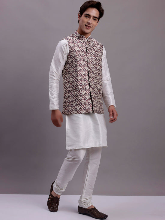 Men's Purple Woven Design Nehru Jacket With Solid Kurta Pyjama.-JOKPWC-636W-4082Purple