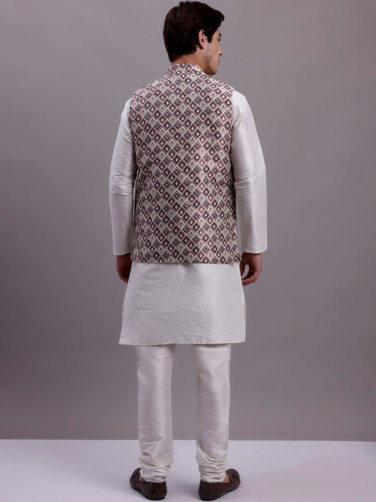 Men's Purple Woven Design Nehru Jacket With Solid Kurta Pyjama.-JOKPWC-636W-4082Purple