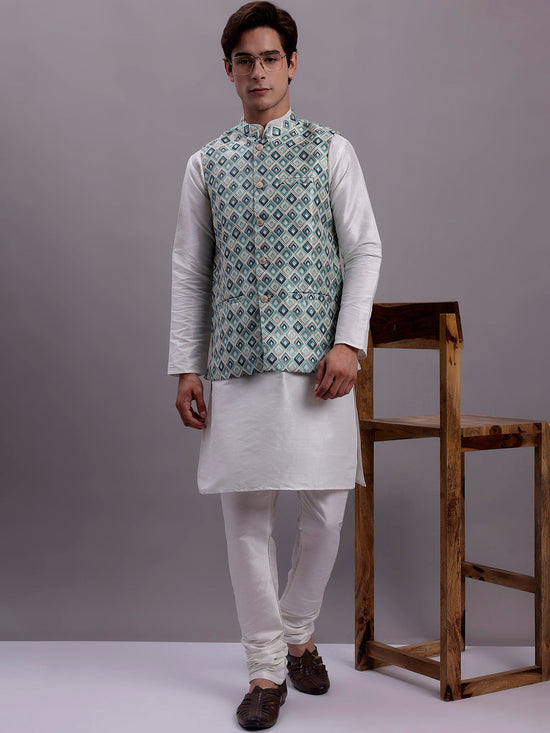 Men's Turquoise Blue Woven Design Nehru Jacket With Solid Kurta Pyjama.-JOKPWC-636W-4082Sky