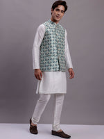 Men's Turquoise Blue Woven Design Nehru Jacket With Solid Kurta Pyjama.-JOKPWC-636W-4082Sky