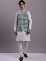 Men's Turquoise Blue Woven Design Nehru Jacket With Solid Kurta Pyjama.-JOKPWC-636W-4082Sky