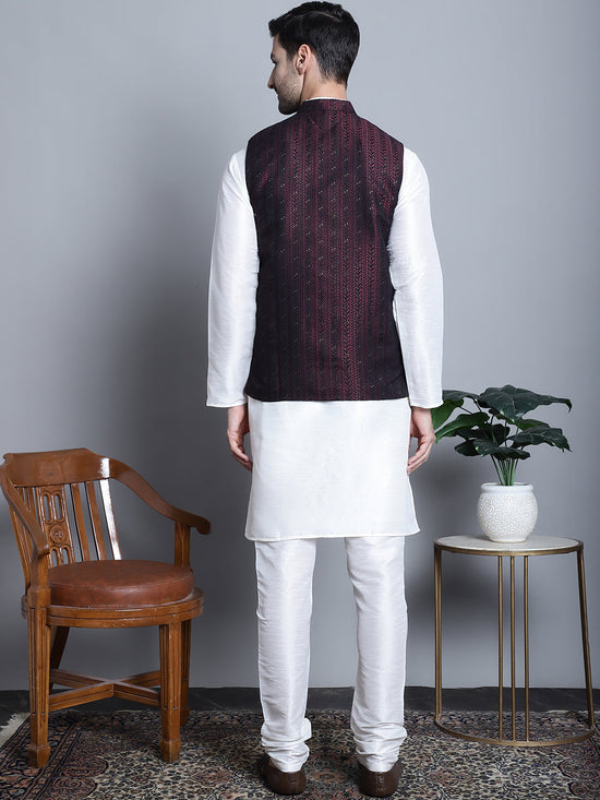 Men's Woven Design Nehru Jacket With Kurta Pyjama Set-JOKPWC-636W-4085Maroon