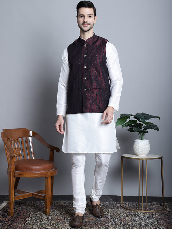 Men's Woven Design Nehru Jacket With Kurta Pyjama Set-JOKPWC-636W-4085Maroon