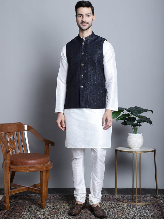 Men's Woven Design Nehru Jacket With Kurta Pyjama Set-JOKPWC-636W-4085Navy