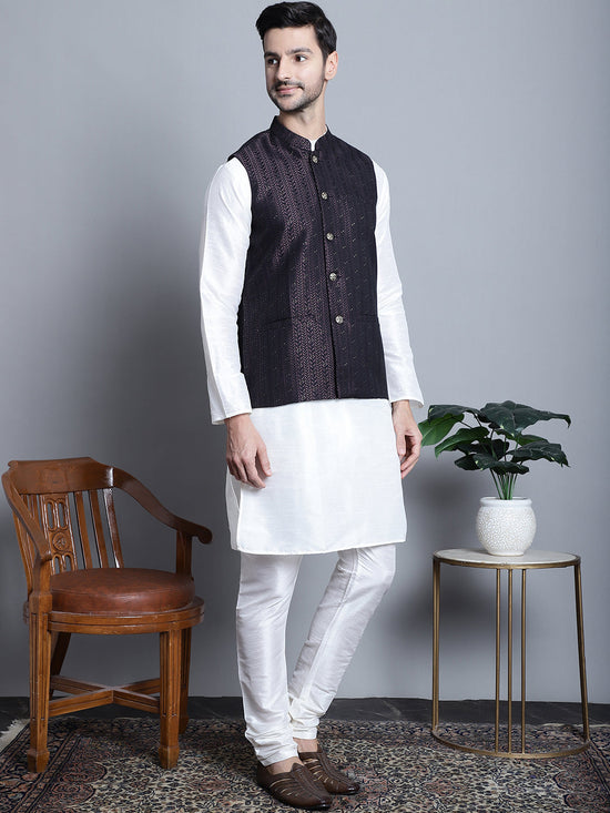 Men's Woven Design Nehru Jacket With Kurta Pyjama Set-JOKPWC-636W-4085Purple