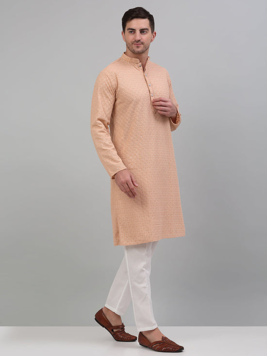 Men's Peach Chikankari Embroidered and Sequence Kurta with Pyjama.-JOKP-P-5000Peach