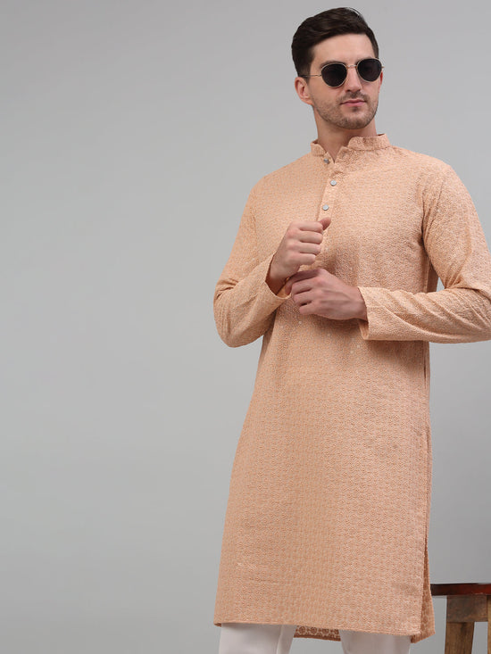 Men's Peach Chikankari Embroidered and Sequence Kurta with Pyjama.-JOKP-P-5000Peach