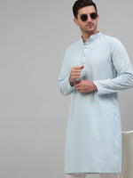 Men's Sky Blue Chikankari Embroidered and Sequence Kurta with Pyjama.-JOKP-P-5000Sky