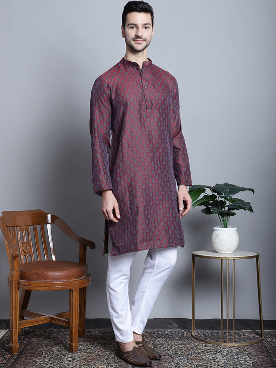 Men Maroon Woven Design Kurta with Pyjamas-JOKP-P-5003Maroon