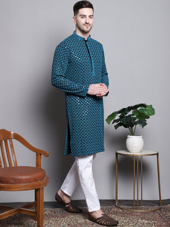 Sequin Embroidered Pure Cotton Kurta with Pyjamas-JOKP-P-5004Blue