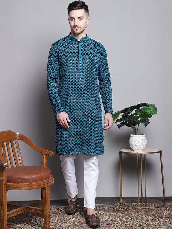 Sequin Embroidered Pure Cotton Kurta with Pyjamas-JOKP-P-5004Blue