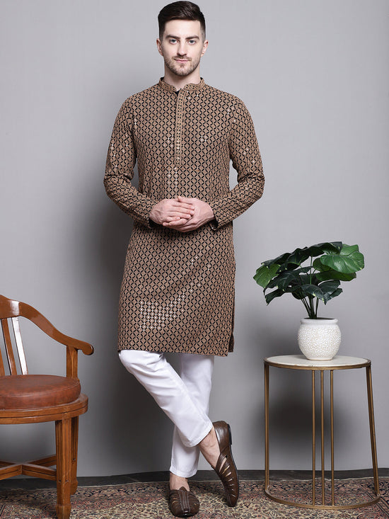 Sequin Embroidered Pure Cotton Kurta with Pyjamas-JOKP-P-5004Brown