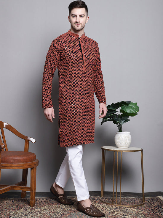 Sequin Embroidered Pure Cotton Kurta with Pyjamas-JOKP-P-5004Orange