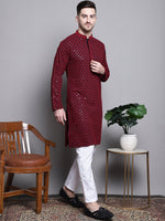 Sequin Embroidered Pure Cotton Kurta with Pyjamas-JOKP-P-5004Red