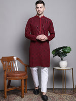 Sequin Embroidered Pure Cotton Kurta with Pyjamas-JOKP-P-5004Red