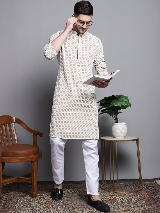 Sequin Embroidered Pure Cotton Kurta with Pyjamas-JOKP-P-5005Beige