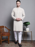 Sequin Embroidered Pure Cotton Kurta with Pyjamas-JOKP-P-5005Beige