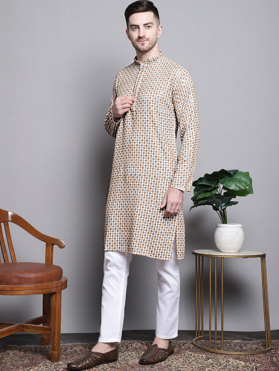 Sequin Embroidered Pure Cotton Kurta with Pyjamas-JOKP-P-5005Cream