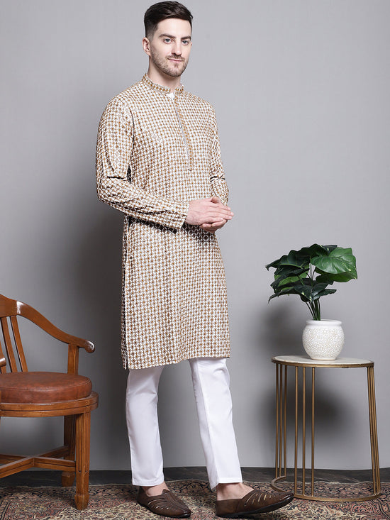 Sequin Embroidered Pure Cotton Kurta with Pyjamas-JOKP-P-5005Cream