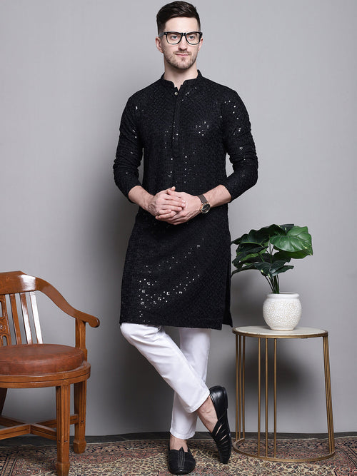 Sequin Embroidered Pure Cotton Kurta with Pyjamas-JOKP-P-5006Black