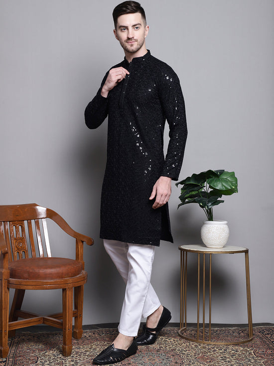 Sequin Embroidered Pure Cotton Kurta with Pyjamas-JOKP-P-5006Black