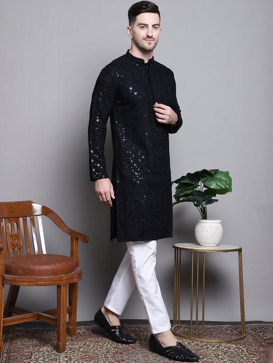 Sequin Embroidered Pure Cotton Kurta with Pyjamas-JOKP-P-5006Black