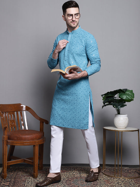 Sequin Embroidered Pure Cotton Kurta with Pyjamas-JOKP-P-5006Blue