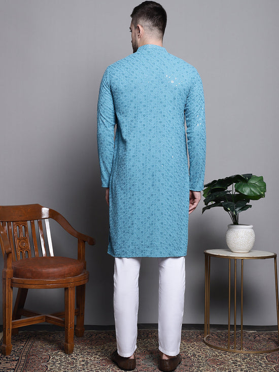 Sequin Embroidered Pure Cotton Kurta with Pyjamas-JOKP-P-5006Blue