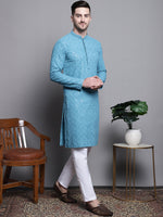 Sequin Embroidered Pure Cotton Kurta with Pyjamas-JOKP-P-5006Blue