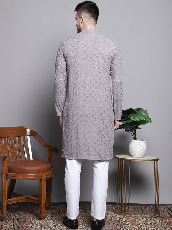 Sequin Embroidered Pure Cotton Kurta with Pyjamas-JOKP-P-5006Grey