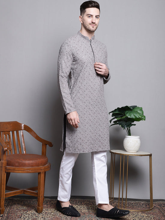 Sequin Embroidered Pure Cotton Kurta with Pyjamas-JOKP-P-5006Grey