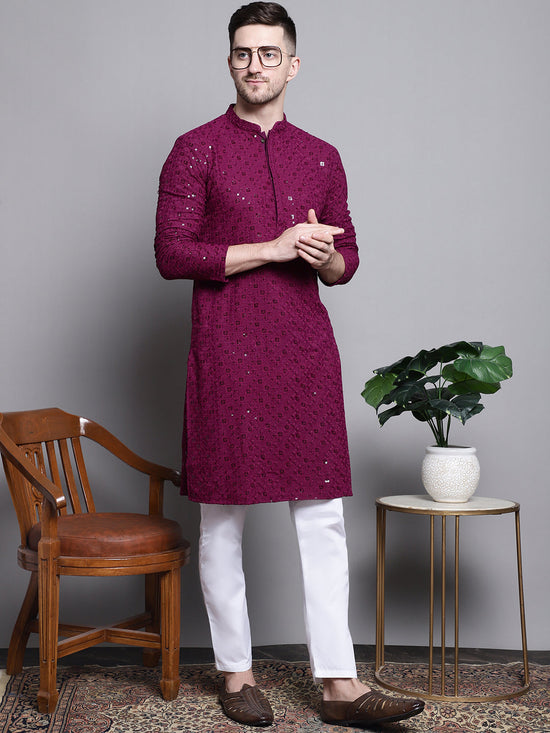 Sequin Embroidered Pure Cotton Kurta with Pyjamas-JOKP-P-5006Purple