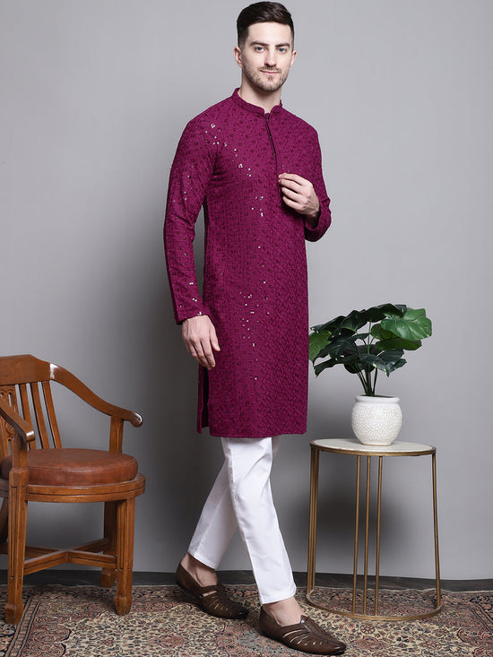 Sequin Embroidered Pure Cotton Kurta with Pyjamas-JOKP-P-5006Purple