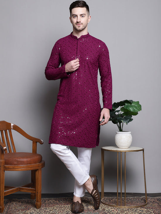 Sequin Embroidered Pure Cotton Kurta with Pyjamas-JOKP-P-5006Purple