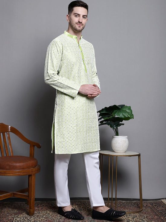 Sequin Embroidered Silk Blend Kurta with Pyjamas-JOKP-P-5007Pista