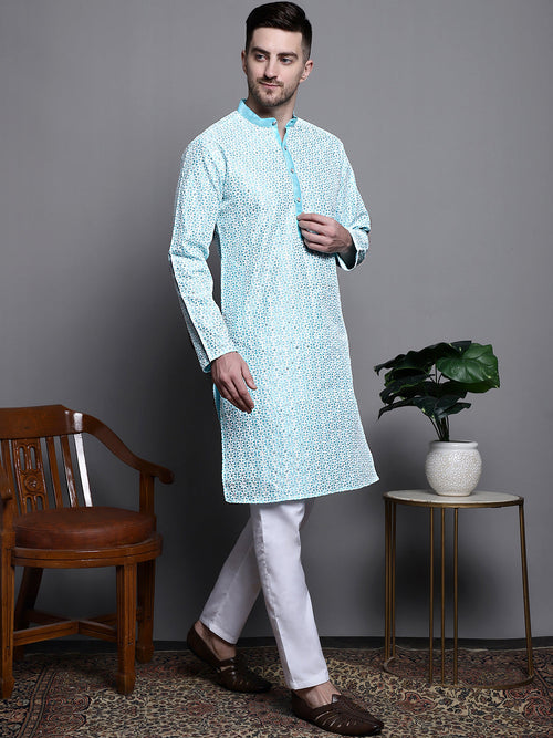 Sequin Embroidered Silk Blend Kurta with Pyjamas-JOKP-P-5007Sky