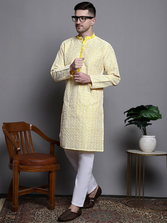 Sequin Embroidered Silk Blend Kurta with Pyjamas-JOKP-P-5007Yellow