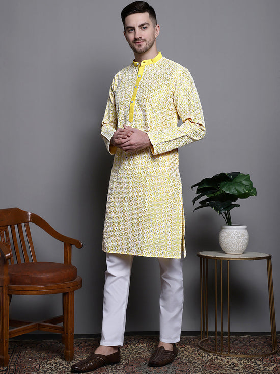 Sequin Embroidered Silk Blend Kurta with Pyjamas-JOKP-P-5007Yellow