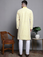 Sequin Embroidered Silk Blend Kurta with Pyjamas-JOKP-P-5007Yellow