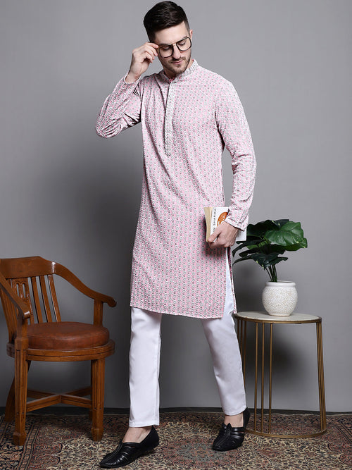 Sequin Embroidered Pure Cotton Kurta with Pyjamas-JOKP-P-5008Pink