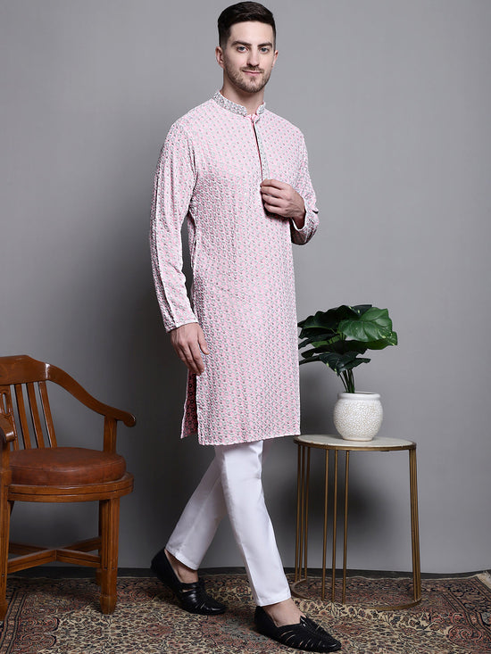 Sequin Embroidered Pure Cotton Kurta with Pyjamas-JOKP-P-5008Pink