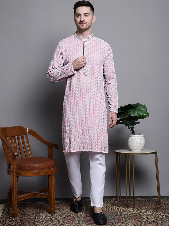 Sequin Embroidered Pure Cotton Kurta with Pyjamas-JOKP-P-5008Pink