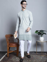 Men's Chikankari Embroidered Kurta with Pyjama.-JOKP-P-5009Blue