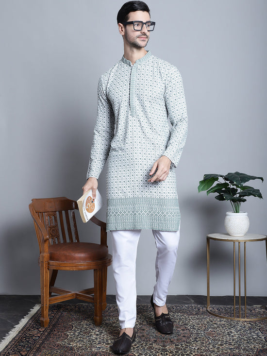 Men's Chikankari Embroidered Kurta with Pyjama.-JOKP-P-5009Blue