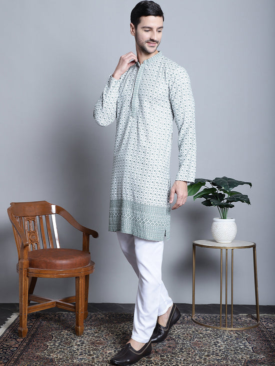 Men's Chikankari Embroidered Kurta with Pyjama.-JOKP-P-5009Blue