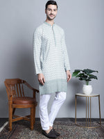 Men's Chikankari Embroidered Kurta with Pyjama.-JOKP-P-5009Blue