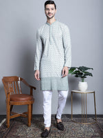 Men's Chikankari Embroidered Kurta with Pyjama.-JOKP-P-5009Blue