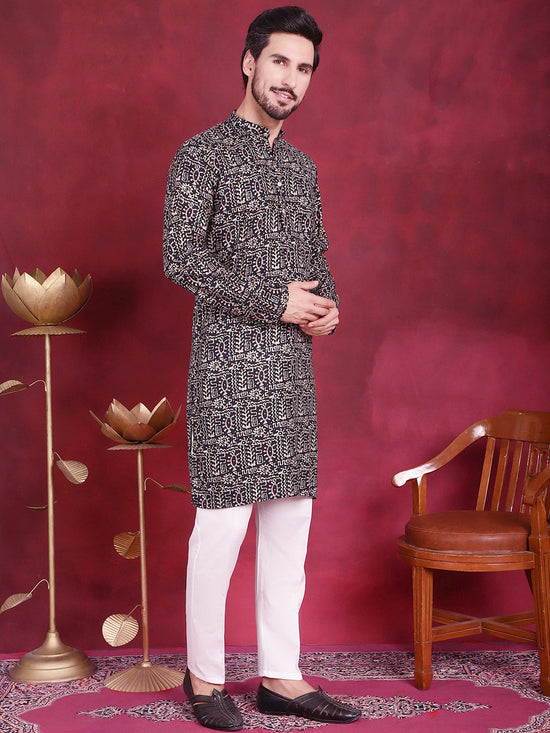 Men's Digital Printed Kurta with Pyjama.-JOKP-5014Navy