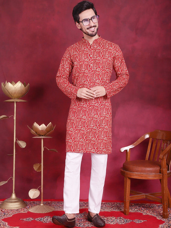 Men's Digital Printed Kurta with Pyjama.-JOKP-5014Red